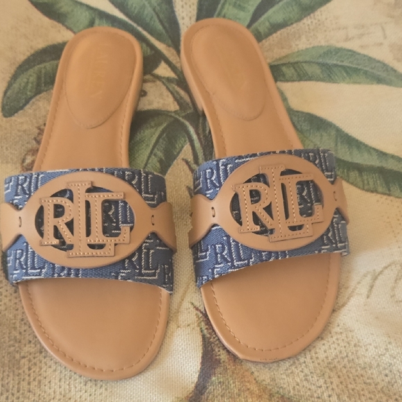 Ralph Lauren Blue and Tan Logo Slide Sandals - Picture 1 of 2